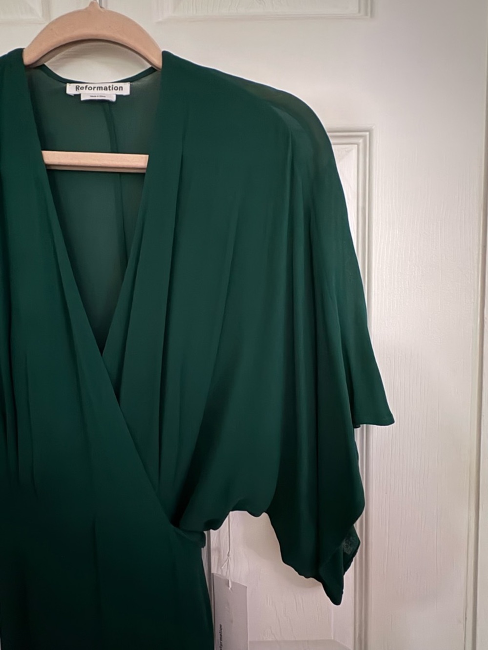 Reformation Emerald Green Wrap Dress with Draped Sleeves